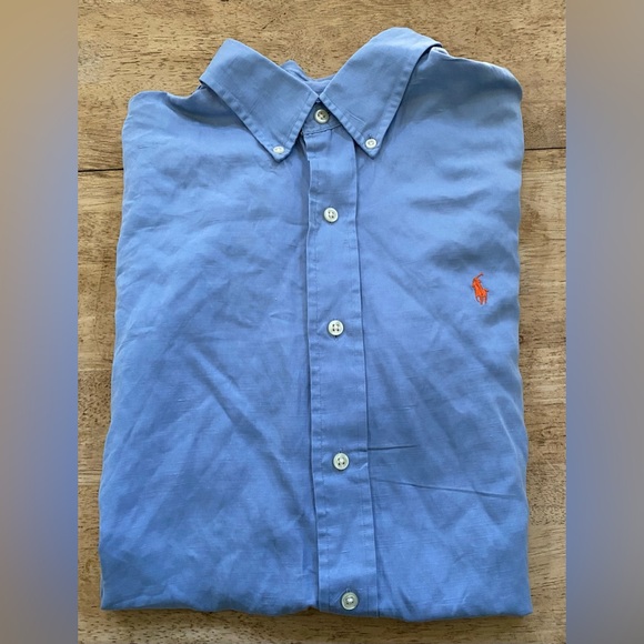 Polo Ralph‎ Lauren Men’s Sz L Ellington Lt Blue Silk/Linen Short Sleeve Oxford - Picture 1 of 11